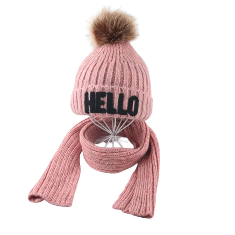 

3-10yrs Letters Kids Scarf and Hat Set Fleece Lined Warm Winter Hat Set for Girls Boys Red Yellow Grey Pink Black