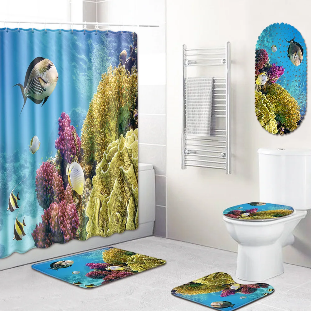 

Underwater World Shower Curtain Bathroom Mat Five-Piece Set Toilet Carpet Shower Room Mat Mat bathroom mat set bath rug