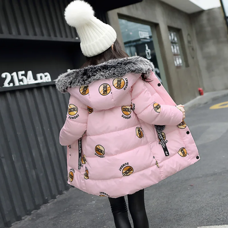 Baby winter new girl down jacket children letter printing thick warm cotton coat girl baby big fur collarcotton hoodedlong coat
