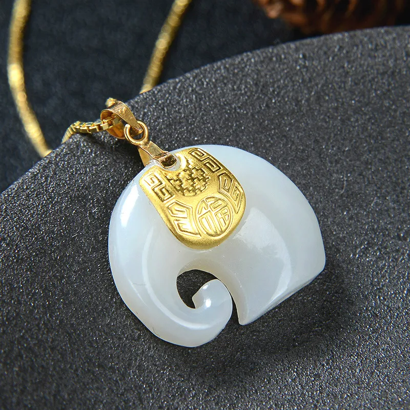 Натуральный китайский Hetian белый нефритовый кулон мозаика золотой слон красивое