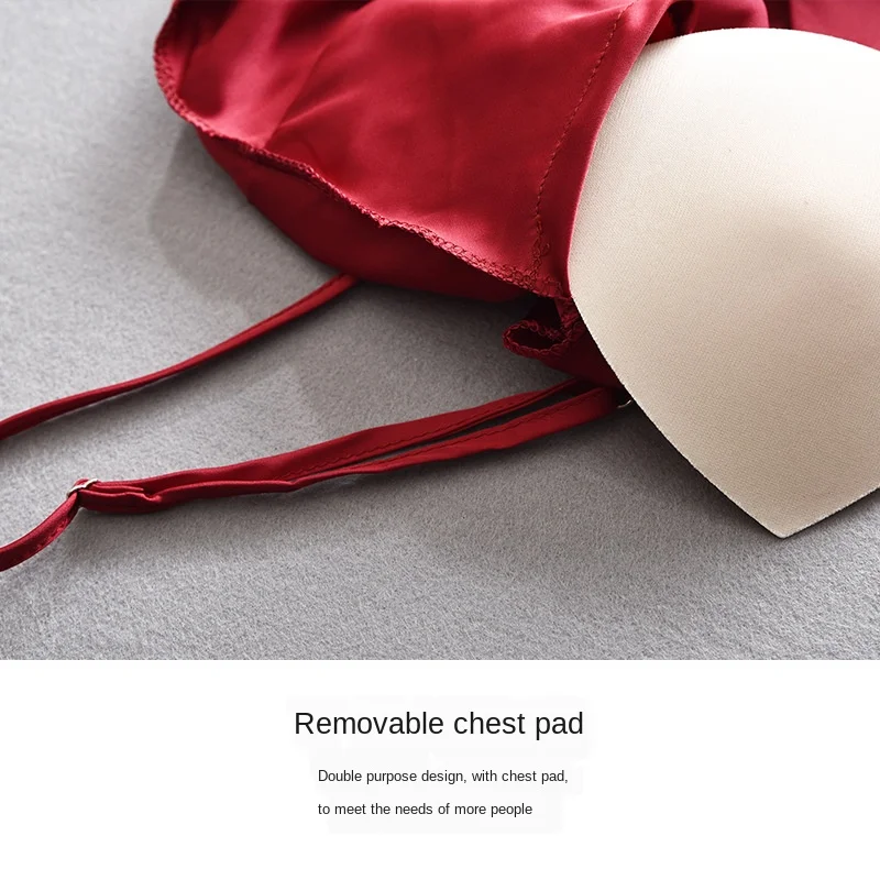 Summer Suspender Nightdress Women Ice Silk Sexy Home Wear Women's Silk Satin Imitation Pure Color Nightdress with Breast Pad