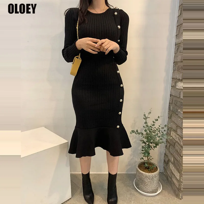 

Korean Ladies Knitted Sweater Dress 2021 Winter Women'S Long Sleeve Dress One-Piece Elegant Slim Office Fishtail Buttocks Dress