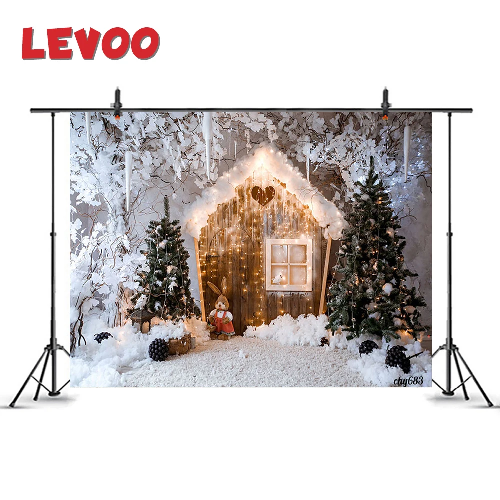 

LEVOO Xmas Decor Backdrop Christmas Tree Snowhouse Snow Toy Pinecone Photography Background Photo Studio Printed Shoot Props