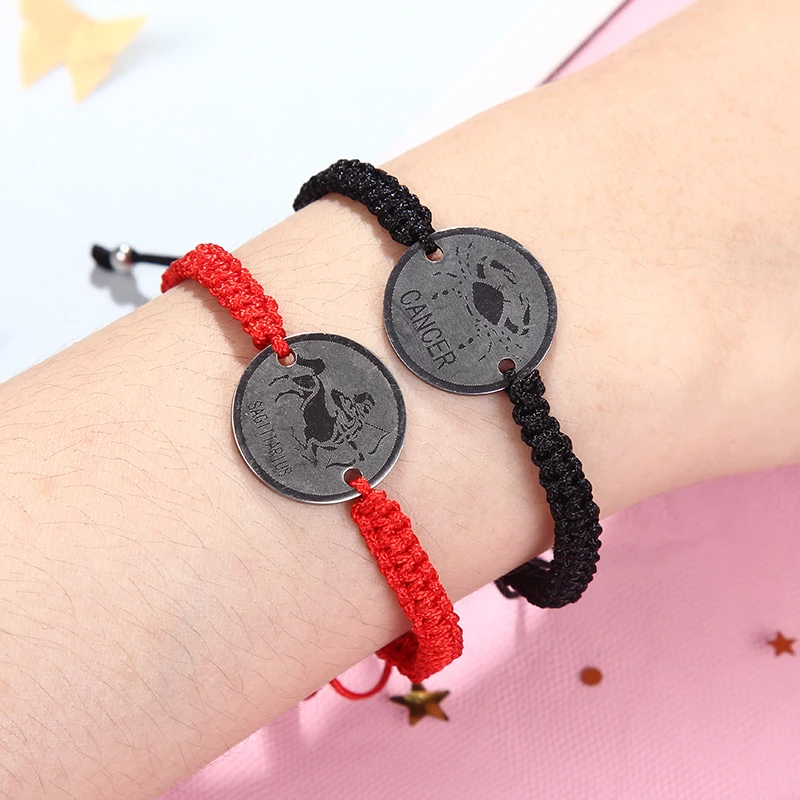 

Twelve Constellation Charm Bracelets Stainless Steel Round Pendant Bracelet For Women Red Black Braided Rope Adjustable Bracelet