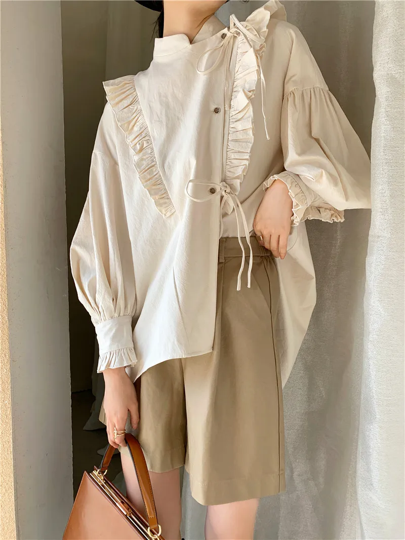 

Spring 2021 Cotton Lantern Sleeve Designer Shirt Long Sleeve Beige Stand Collar Tie Fashion Women Top And Blouse C471