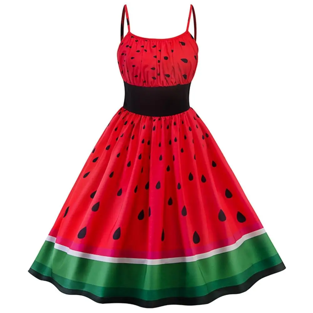 

Summer Strap Dress Women Spaghetti Watermelon print Party Retro Rockabilly Swing Dress Cocktail Ballgown Fancy Dress Robe