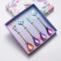 304 stainless steel coffee spoon wedding four piece gift box love flower shaped titanium plated gold colorful stirring giveaway