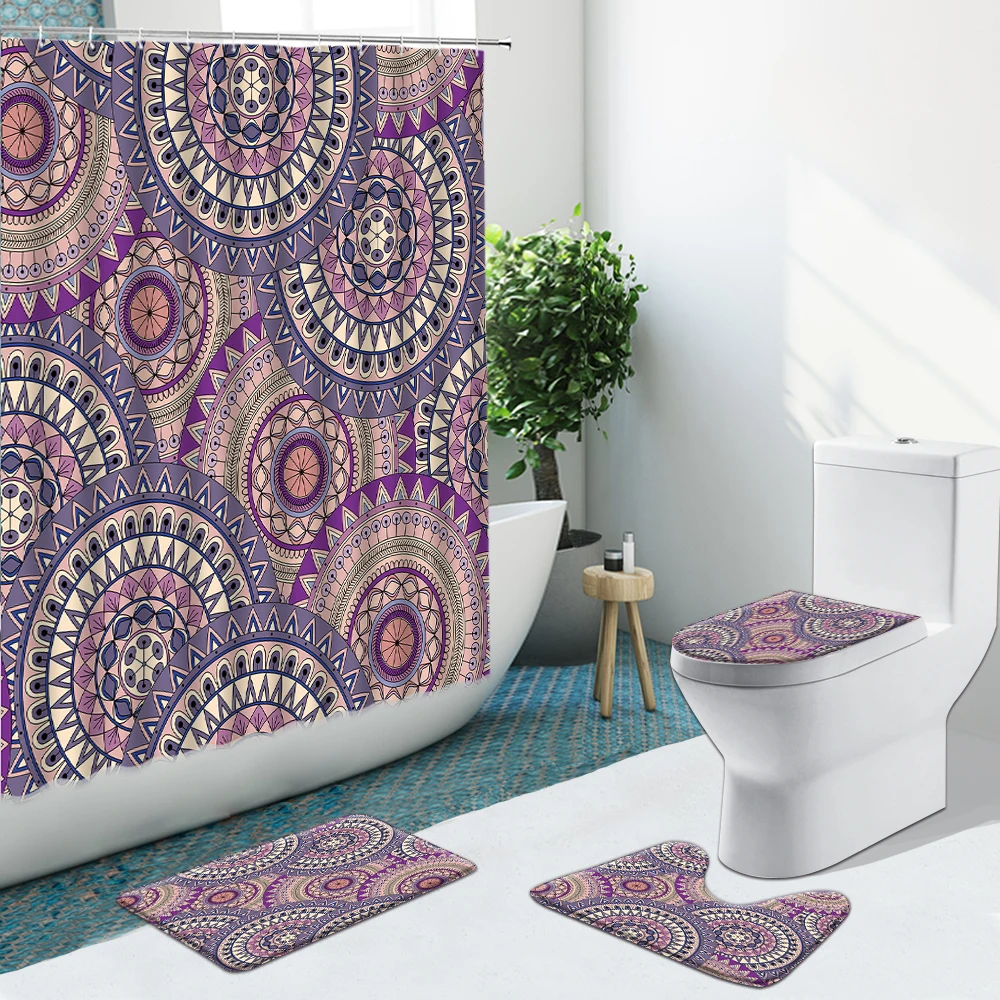 

3D Retro Simple Mandala Pattern Bathroom Set Shower Curtain Non-Slip Rugs Flannel Toilet Carpet Cover With Hooks Decor Bath Mat