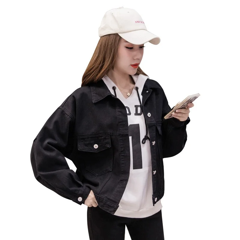 

Black Vintage Plus Size Denim Jacket Women's Clothing Autumn Black Korean Loose Button Up Cardigan Coats Harajuku Streetwear
