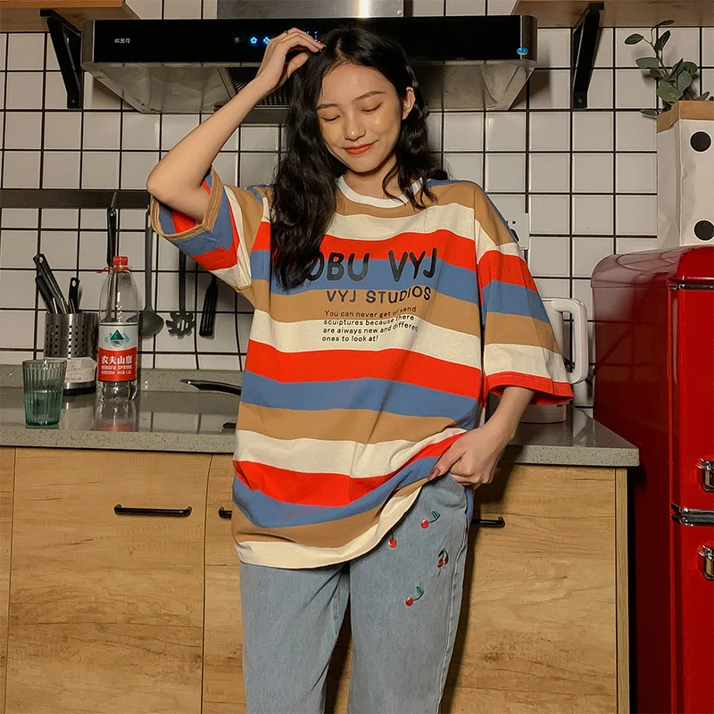 

Summer Sale Harajuku Rainbow Striped T-Shirt Women's tops Punk Tee Vitality Korean clothing Oversized Alt Streetwear Emo 2021