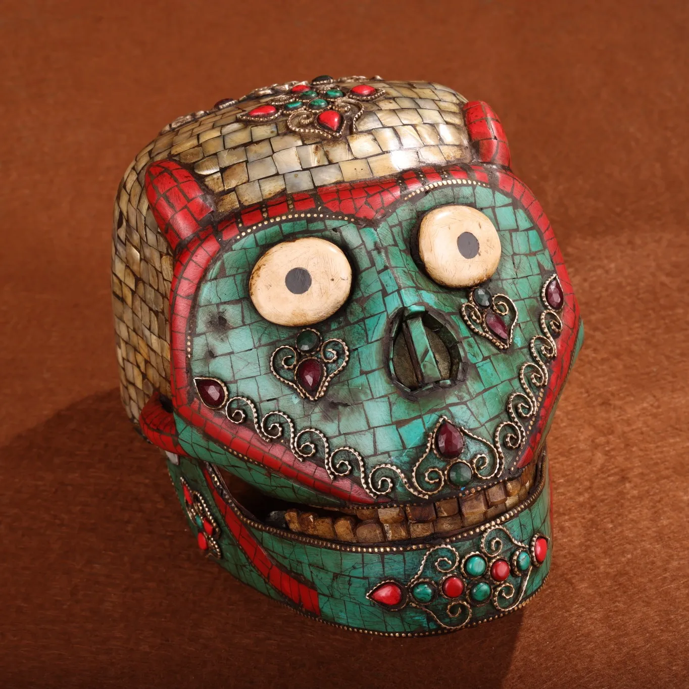 

9"Nepal Temple Collection Old Bronze mosaic Gem shell Monkey Head Mask Skull head Office Ornaments Town House Exorcism