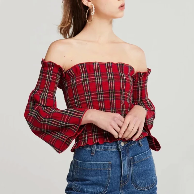 

Women Petite Off Shoulder Shirred Red Tartan Check Top With Wide Sleeve