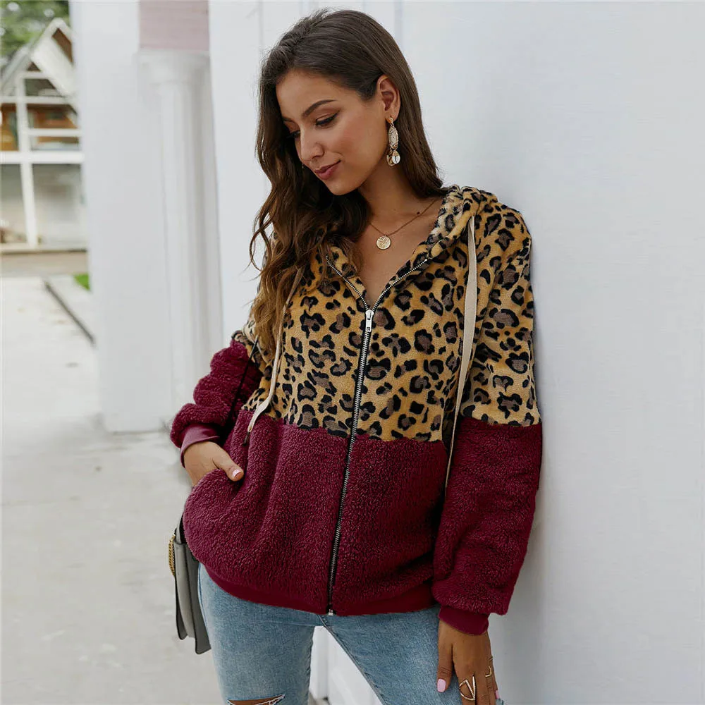 Женский флисовый свитер с леопардовым принтом кардиган на молнии капюшоном