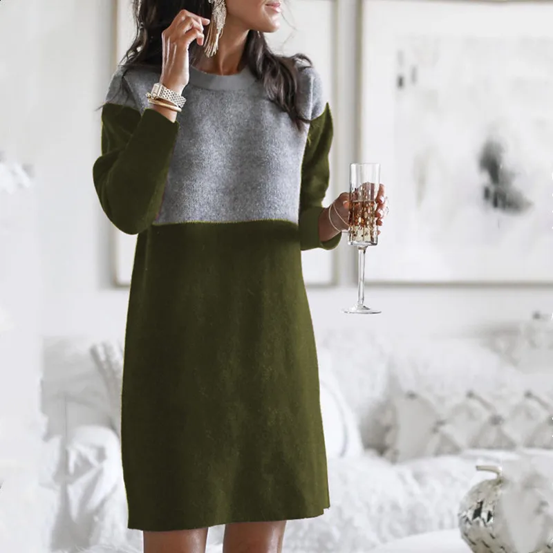 2021 Autumn And Winter Womens Sweater Dresses New Stitching Loose Large Size Round Neck Long Sleeve Woman Dress Vestido De Mujer | Женская