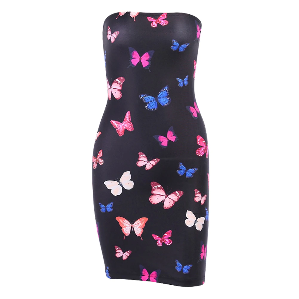 

2020 New Ladies Fashion Slim Short Skirt Summer Women Colorful Butterfly Printing Sexy Strapless Dress Temperament Mini Skirt