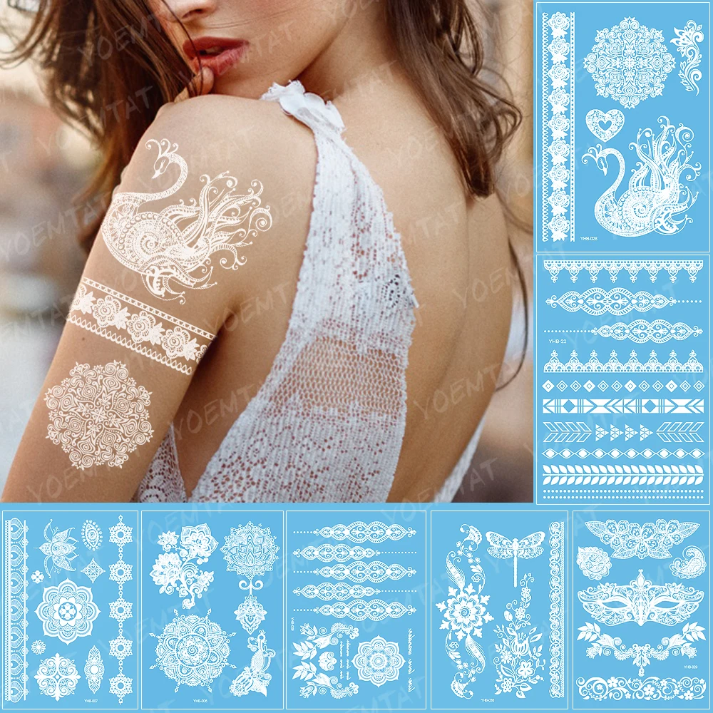 

Waterproof Temporary Tattoo Sticker Swan Mandala Flower Lace Bracelet Flash Tatoo White Henna Bride Sexy Arm Body Art Fake Tatto