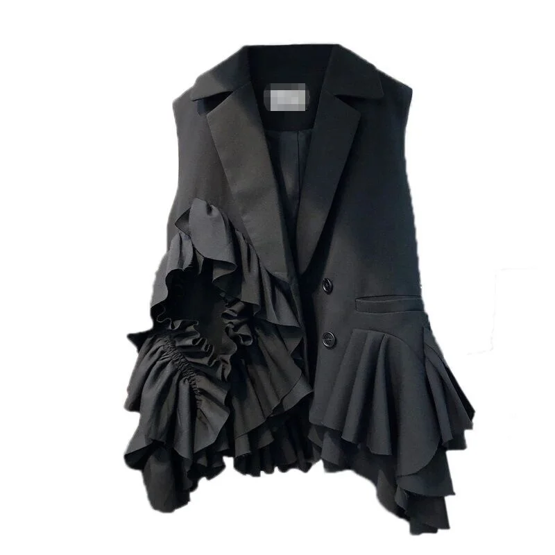 

Spring and autumn new irregular stitching edge loose suit collar Vest black show thin vest women's fashion