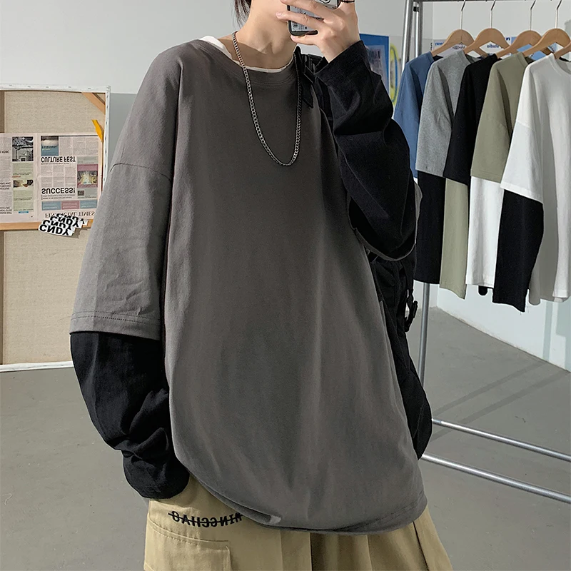 

2023 Autumn Spring Fashion Oversized Fake Two Pieces Black Grey Tshirt Men's Long Sleeve Casual O Neck T-Shirt For Man TOP TEES