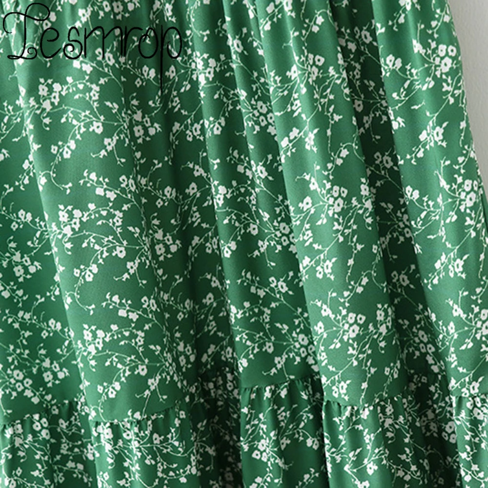 

LESMROP 2021 ZA Women New Summer Elastic Floral Short Sleeve Dress Long Midi Casual Femme Vestidos Fashion Green LP07DR8296