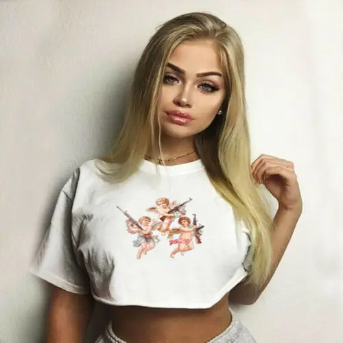 

Fashion Women Angel Print Tops Summer Short Sleeve Loose Casual T-Shirts Feminina Camiseta Steetwear Clothes