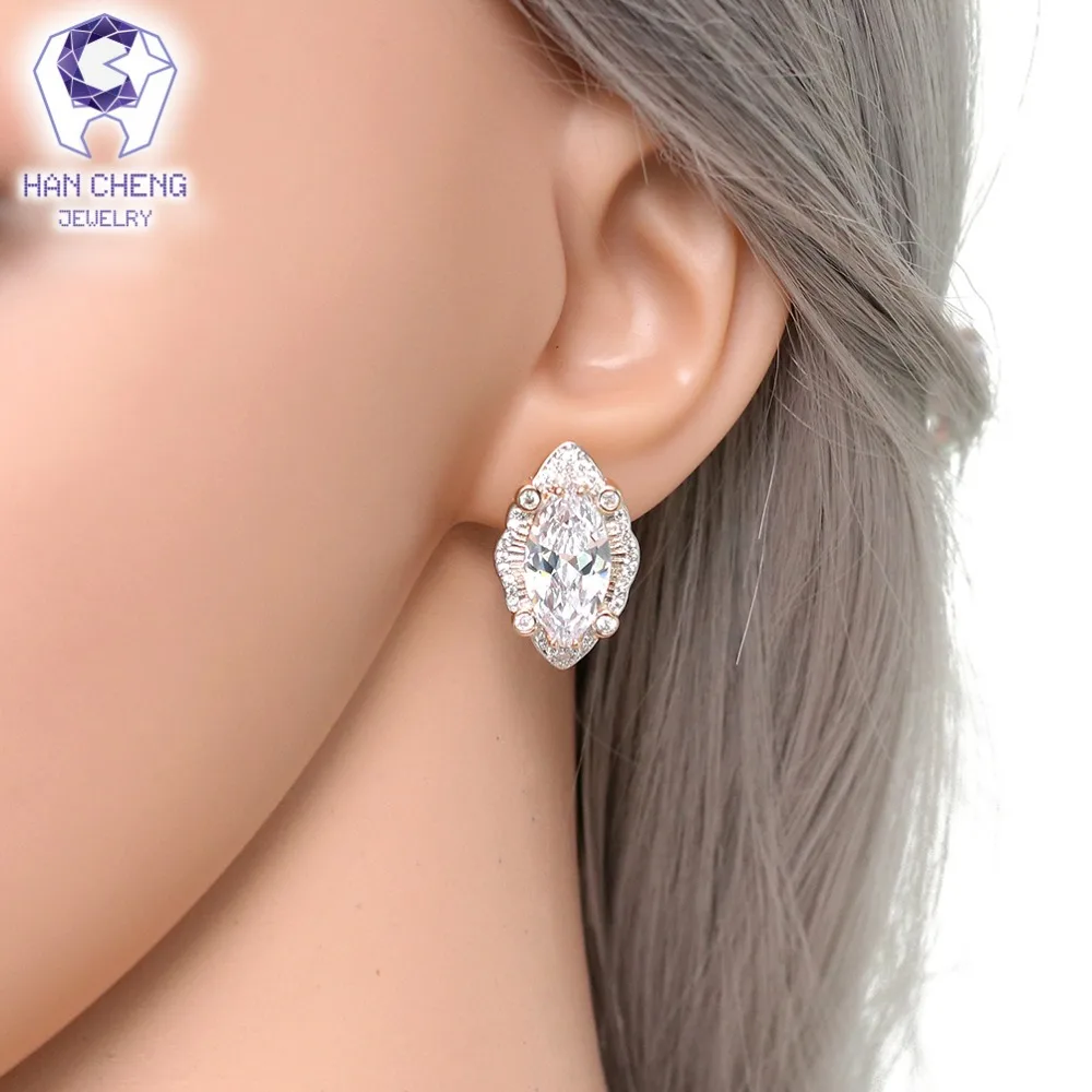HanCheng New Fashion Luxury Leaf Copper Golden Zircon CZ Gem Stone Plated Silver Stud Earrings For Women Jewelry brincos bijoux