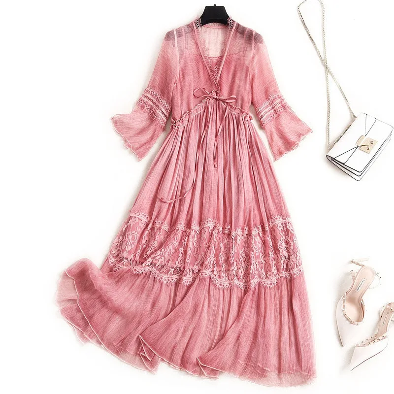 

2020 Summer Women Fashion Vestidos High End V-neck 3/4 Flare Sleeves Mulberry Silk Stitching Lace Solid Color Chiffon Dress