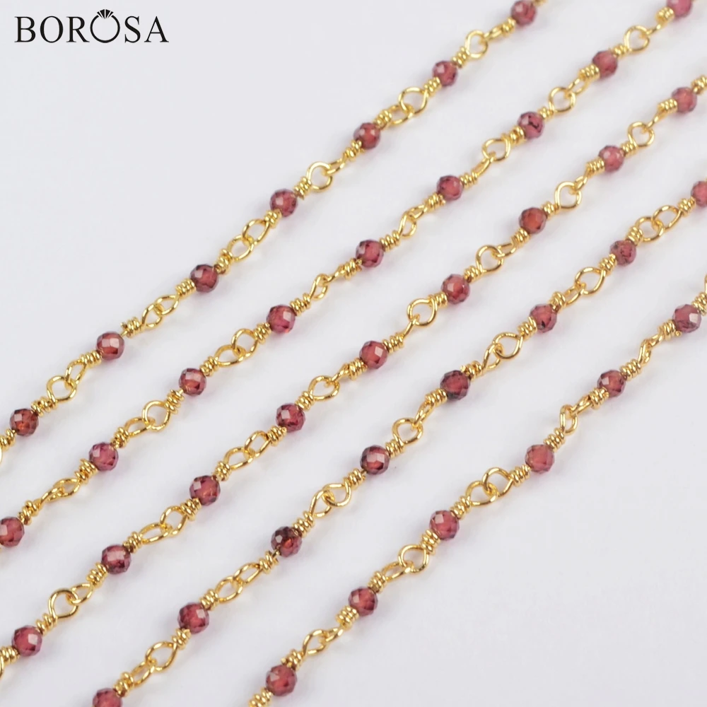 

BOROSA 3Meters 2mm Garnet Beads Faceted Brass Chains Natural Stone Beads Chains Jewelry Factory Outlet JT250