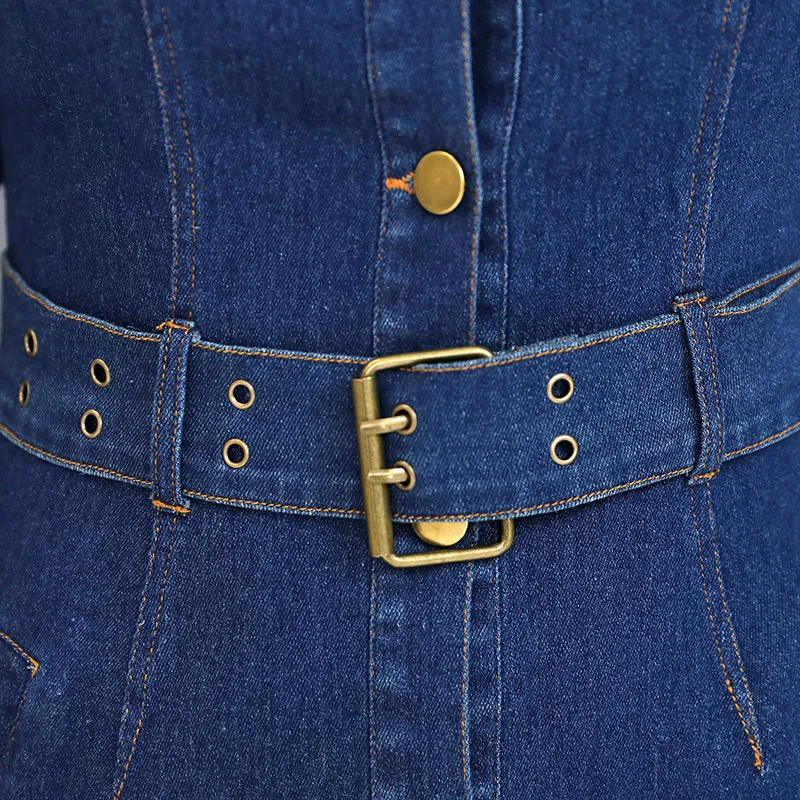 

#2718 Single Breasted Denim Dresses Women Long Sleeved Jeans Dress With Belt Lapel Collar Elegant Office Midi Dress High Waist