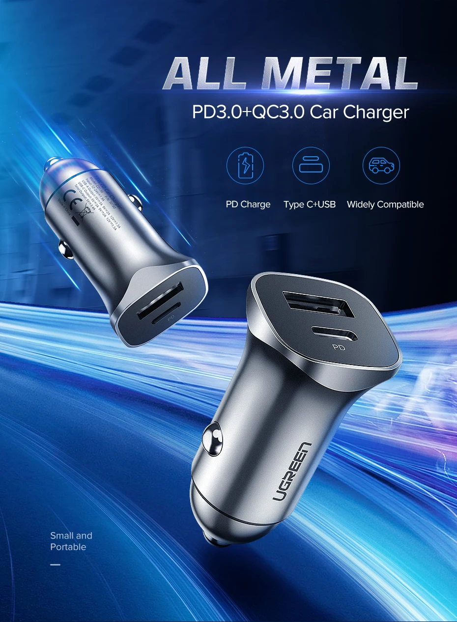 Ugreen Quick Charge 4.0 3.0 QC USB Car Charger for Xiaomi QC4.0 QC3.0 18W Type C PD Car Charging for iPhone 11 X Xs 8 PD Charger