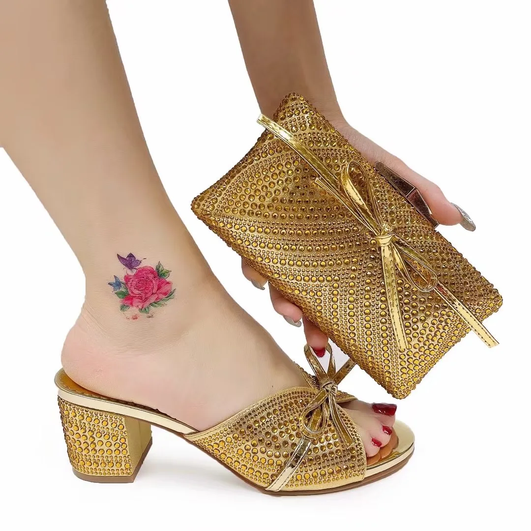 

New Arrival Mature Italian Matching Sandals and Purse Sets for Wedding Woman African Shoes and Bag Set Decorated with Rhineston