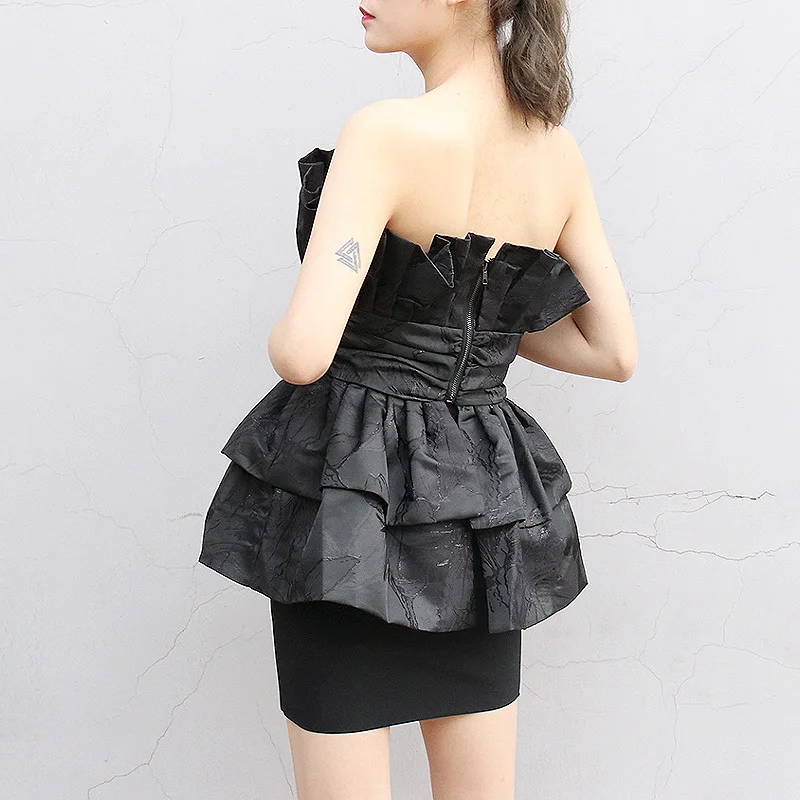 

Black Sexy Party Two Piece Set For Women Strapless Ruffle Tops High Waist Mini Skirts Female Suits 2020 Spring New