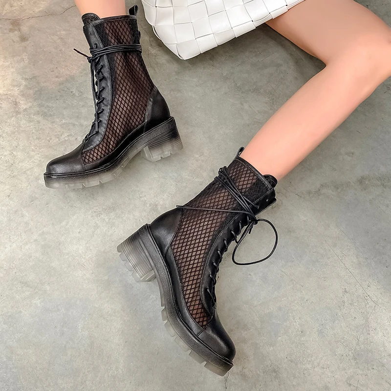 

Prova Perfetto Spring Autumn Women Short Boots Genuine Leather Air Mesh Lace-Up Thick Bottom Chunky Heel Ventilate Boots Mujer