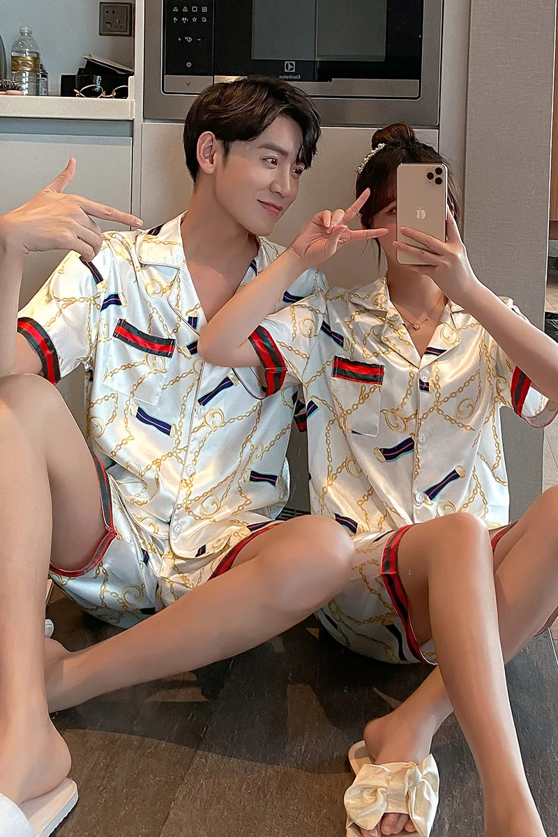 

2021 Summer Women's Pajamas Sets Print Fashion Luxury Female Silk Shirts+Short Two Pieces Suit Night Sleepwear
