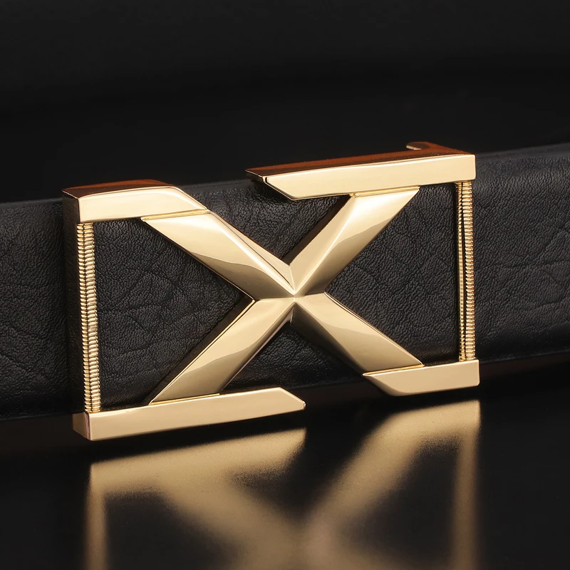 

High quality luxury full grain leather Cowskin X letter Smooth buckle fashion designers belts men casual cowhide Waist Straps