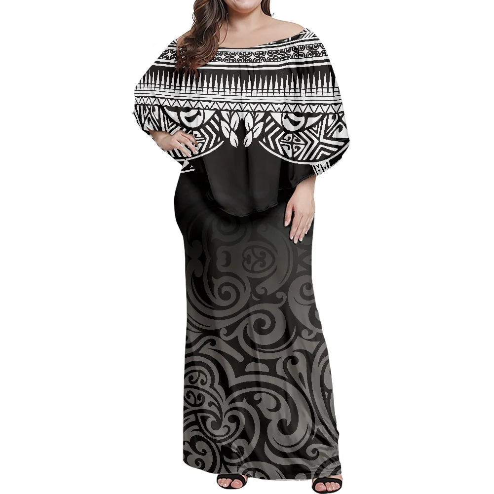 

Luxury Design Polynesian Samoan Tattoo Female Dress Customized On Demand Female Frill Off Shoulder Dress Big Size Lady Dress