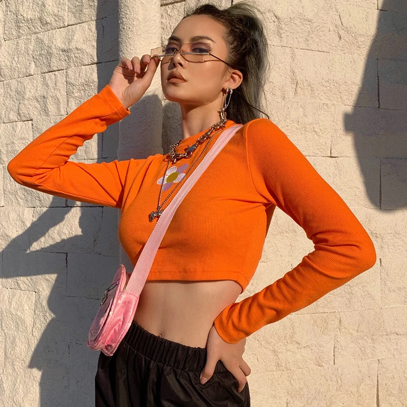 Укороченная Футболка с принтом и длинным рукавом женская уличная Сексуальная