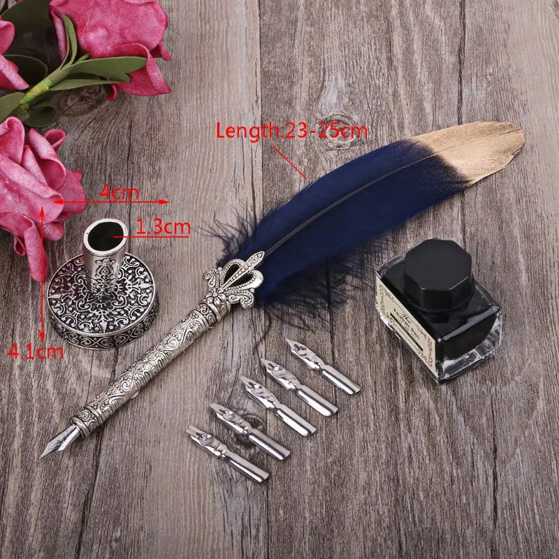

Vintage Feather Quill Dip Pen Fountain Pens With Ink +5 Nibs Set Stationery Gift 32CB