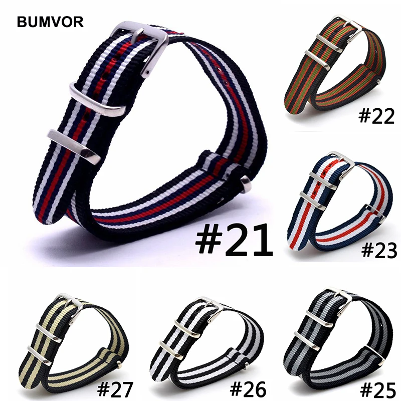 

BUMVOR 18 20 22mm Sport Woven Nylon Strap Watchband Army Striped Fabric Wristband Replacement DW Watch Steel Buckle Belt