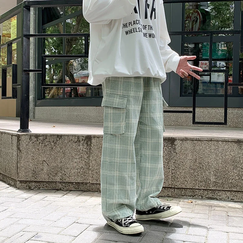

Corduroy Men Casual Pants Korean Fashion Plaid Pants Men Loose Straight Pants Men Streetwear Retro Wide Leg Pants Men's Trousers