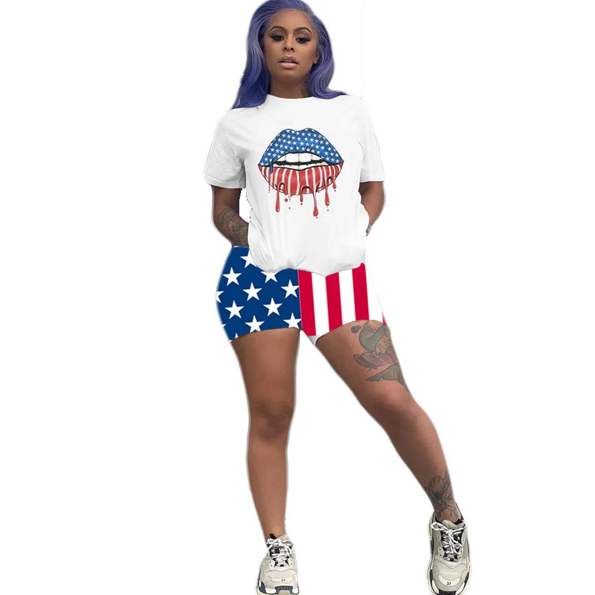 

SSEURAT 2021 Women 2 Piece Set Summer Clothes Mouth Lip Print TShirts Biker Shorts Casual Plus Size Two Piece Outfits
