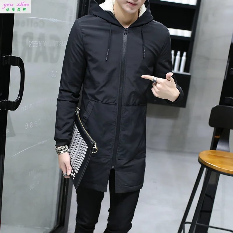 

Men's Windbreaker Long Trendy Coat Hooded Korean Warm Cotton Fleece Winter Jacket