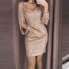 Модное сексуальное облегающее женское платье с бахромой блестками, сверкающее мини-платье, Клубное платье с V-образным вырезом и длинным рукавом, женские платья