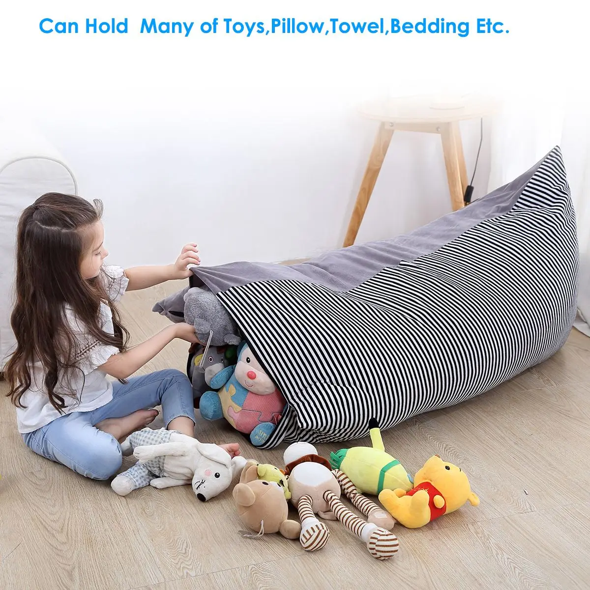 Детский мешок для хранения игрушек из мягкого плюша Kid Baby Storage Bean Bag Soft Pouch Lounge Chair Sofa Extra Large Canvas Stripe on.