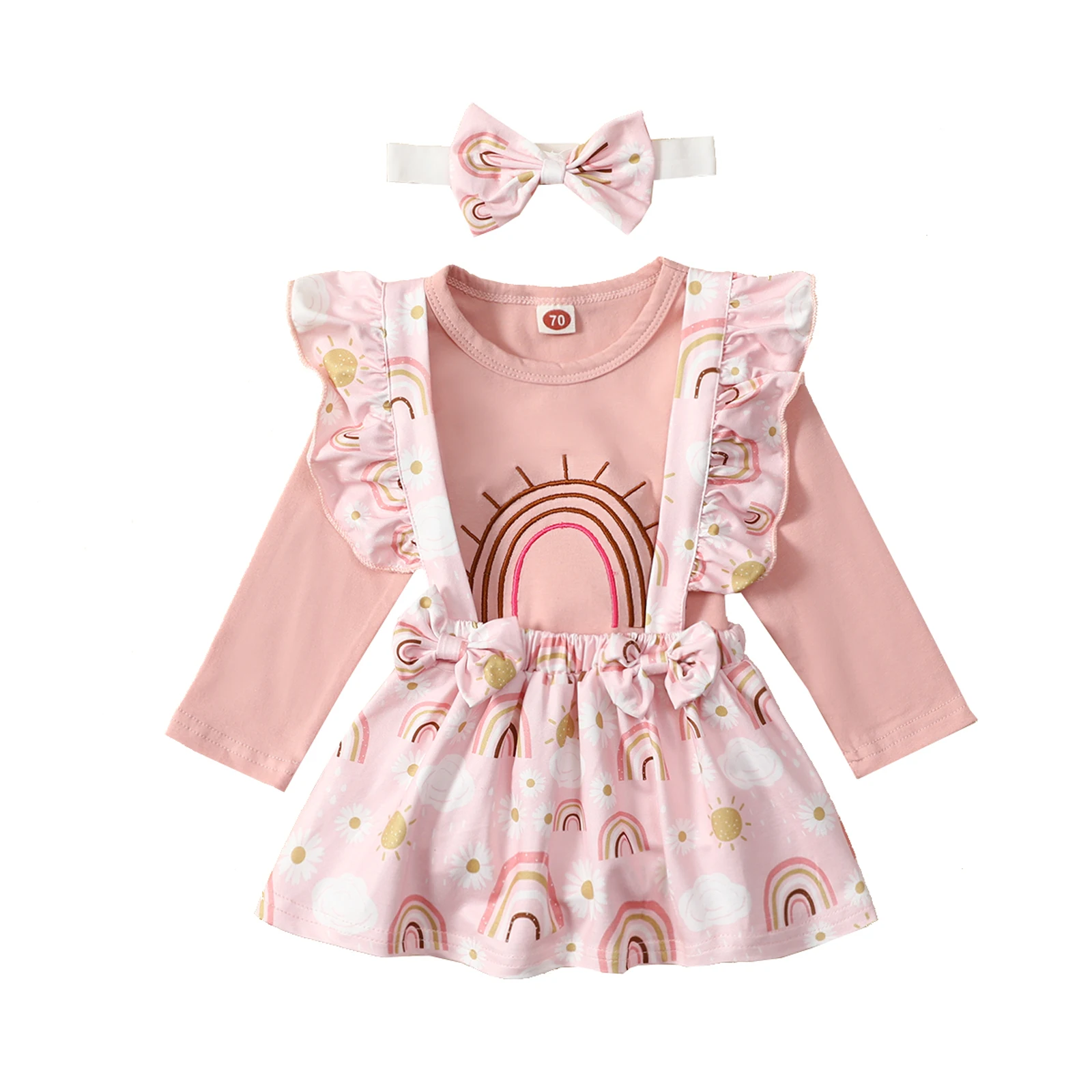 

Infant Baby Girl Rainbow Print Clothes Set Girl Long Sleeve O-neck T-shirt+Suspender Skirt+Bow-knot Headband Children's Clothing