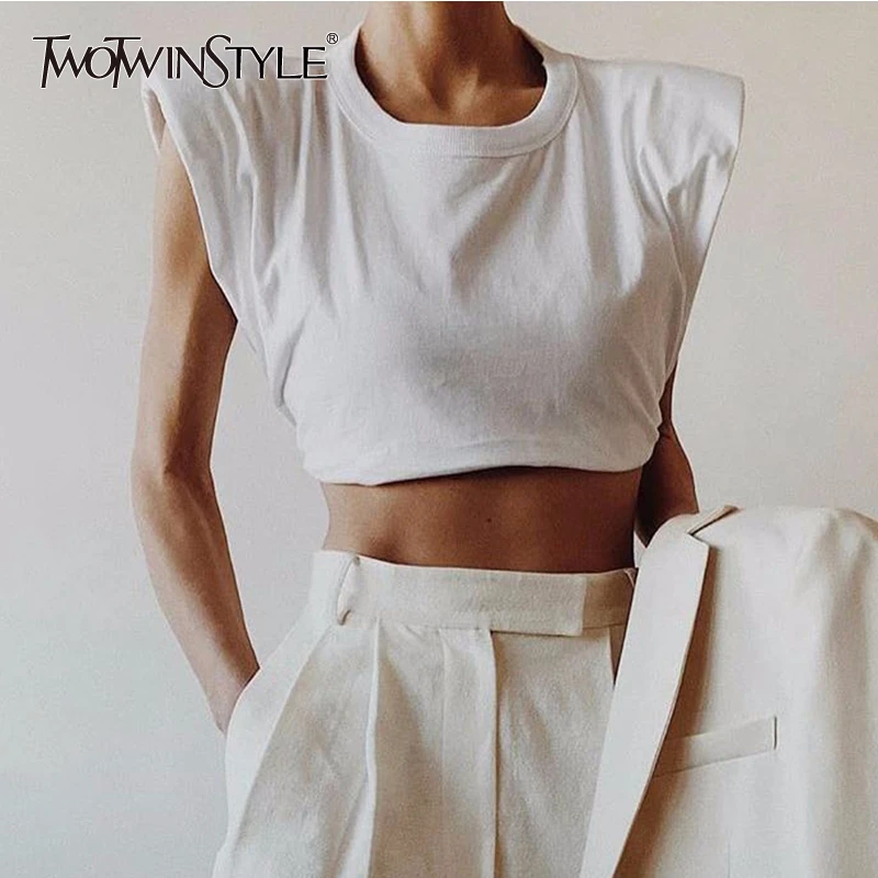 

TWOTWINSTYLE Minimalist Women T Shirt O Neck Sleevelesss Elegant Short T-Shirt For Female Fashion Clothing 2020 Spring Summer