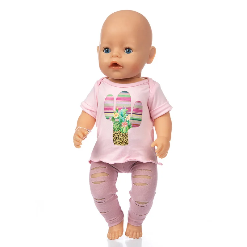 

2020 Hot Sale Baby New Born Fit 18 inch 43cm Doll Clothes Accessories Pink Cactus Dress Ripped Pants For Baby Birthday Gift
