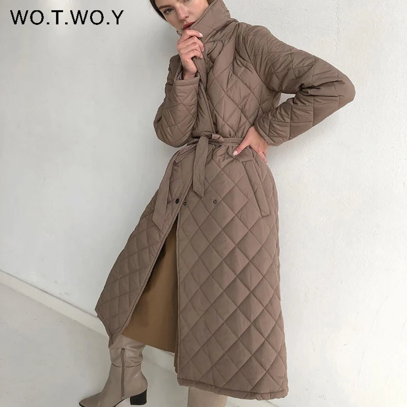 WOTWOY Argyle Long Cotton-padded Parkas Women Belted Thick Warm Winter Jacket Female Casual Solid Coats Female 2021 Overcoat