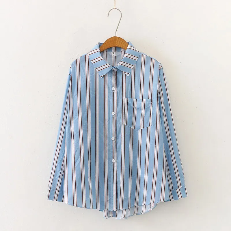

Harajuku Women Blouse Vintage Stripes Print Lapel Shirt Loose Single-breasted Long Sleeve Blouse