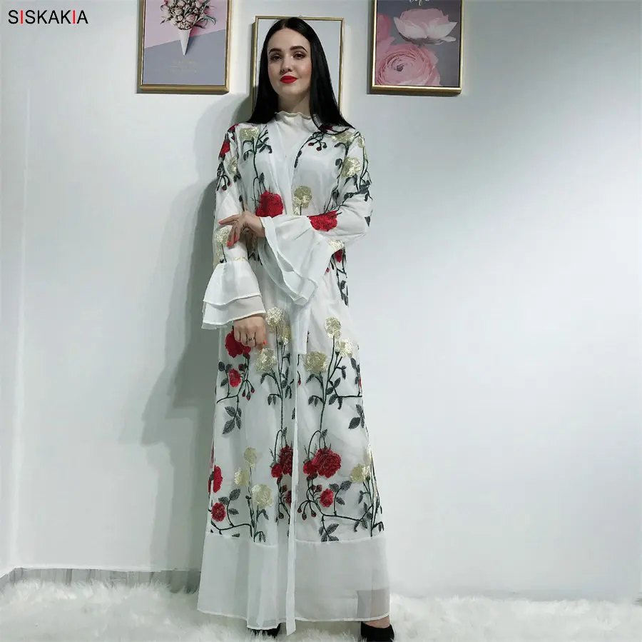 Siskakia роскошное кружевное платье абайя с вышивкой, модное платье с расклешенными рукавами, Дубай, кардиган, халаты, лето, Исламская одежда