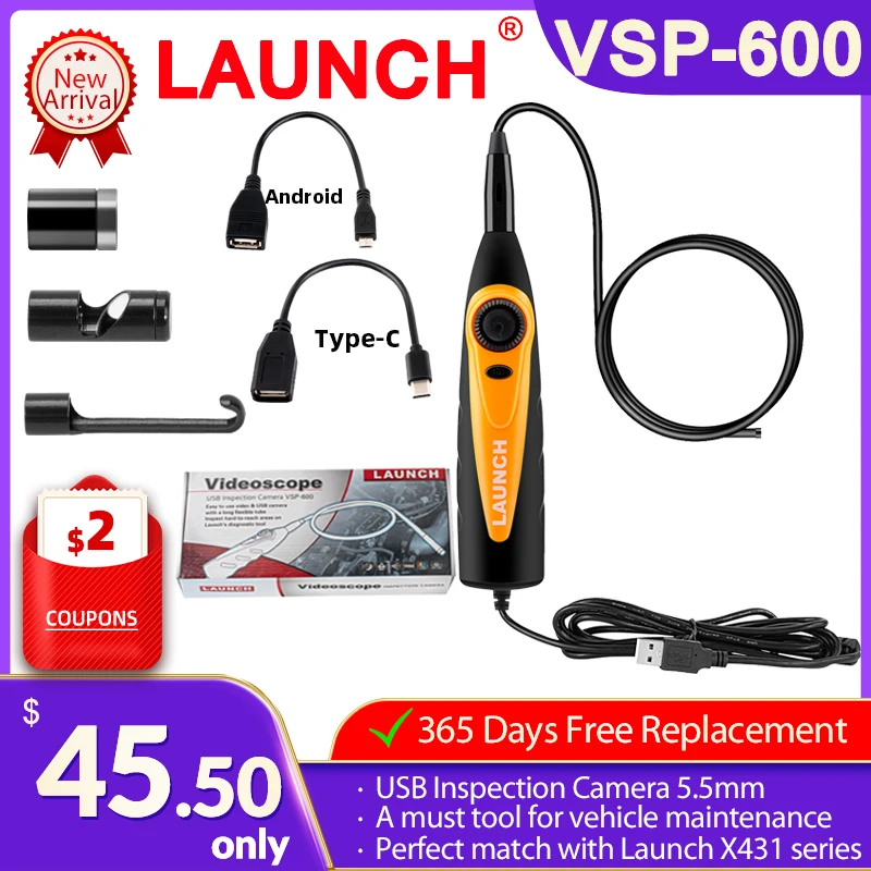 Launch Videoscope VSP600 X431 USB Endoscope Camera Flexible VSP-600 5.5MM Micro  Borescope Mini Industrial 6LEDs Adjustable